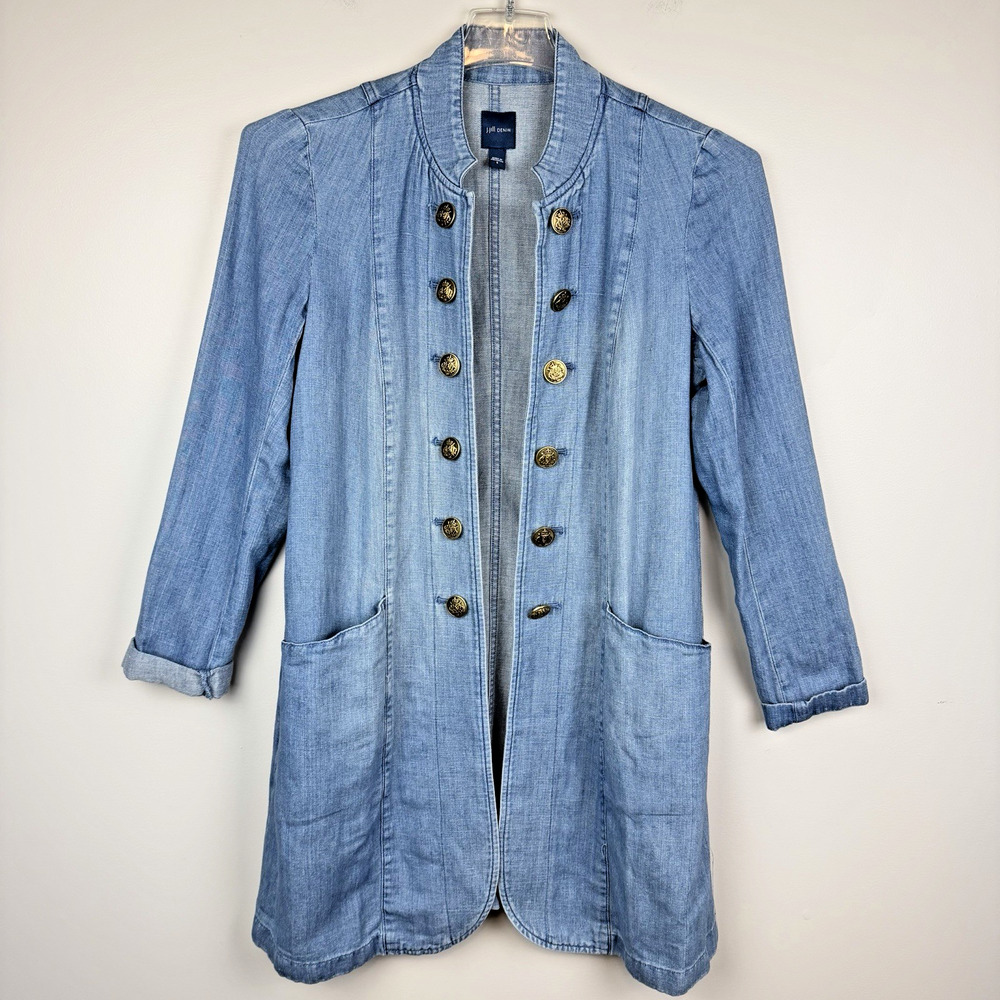 J Jill Denim Duster Jacket Size Small Blue Sequoia Wash Linen Cotton Military